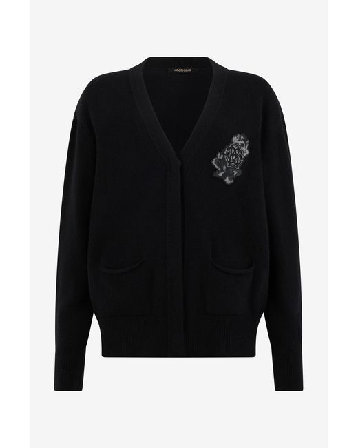 Roberto Cavalli Black Cardigan With Monogram Mirror Snake
