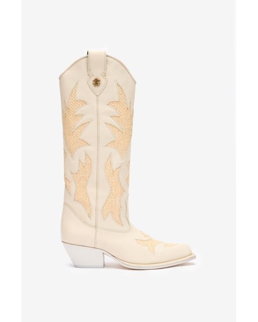 Roberto Cavalli White Texan Boots With Woven Inserts