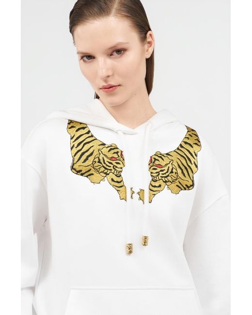 Roberto Cavalli White Sweatshirt Hoodie With Tiger Embroidery