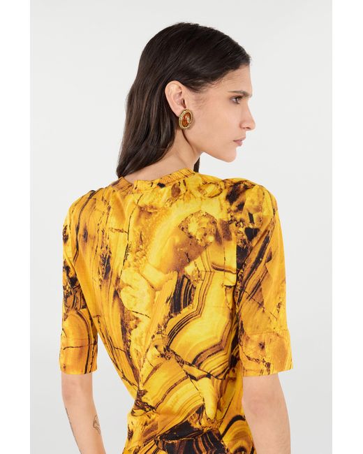 Roberto Cavalli Yellow Silk And Wool Sweater With Tigereye Print