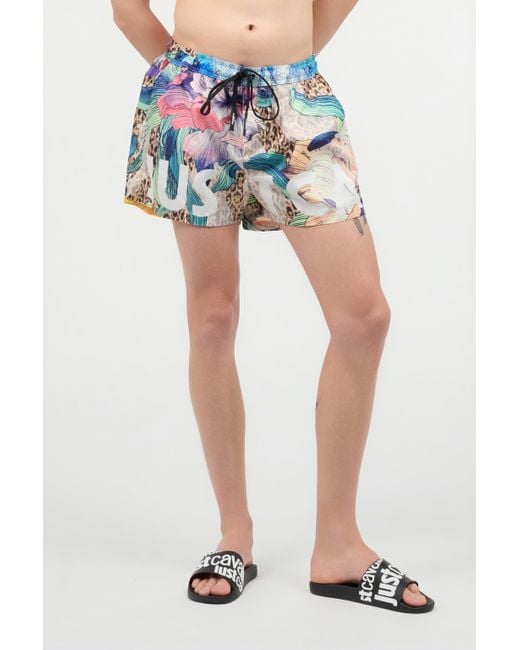 Roberto Cavalli Blue Swim Shorts With Floral And Jaguar Skin Print for men