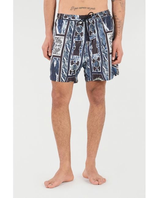 Roberto Cavalli Blue Swim Shorts With Fang And Marble Print for men
