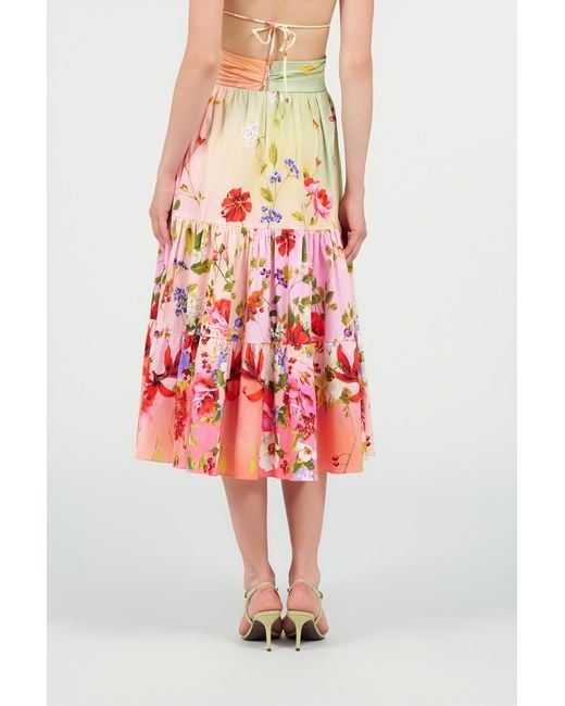 Roberto Cavalli Red Midi Skirt With Miami Flowers Print