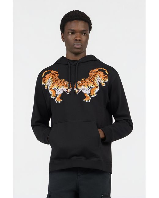 Roberto Cavalli Black Hooded Sweatshirt With Tiger Embroidery for men