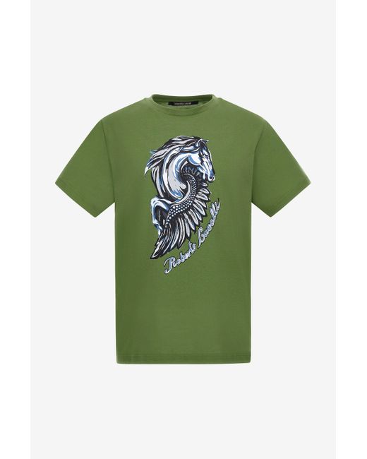 Roberto Cavalli T-Shirt With Horse Logo And Print in Green für Herren