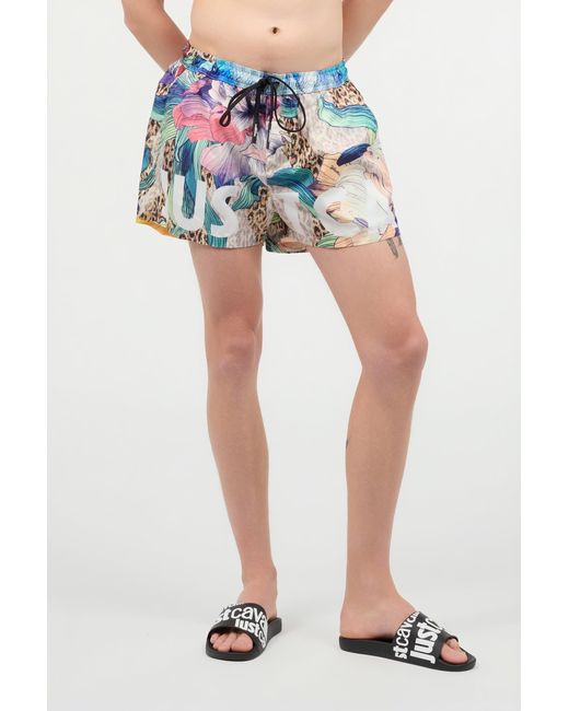 Roberto Cavalli Blue Swim Shorts With Floral And Jaguar Skin Print for men