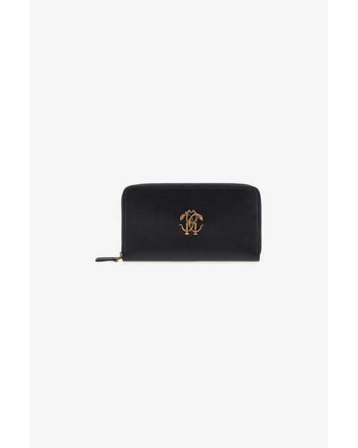 Roberto Cavalli Black Wallet With Monogram Rc And Zip