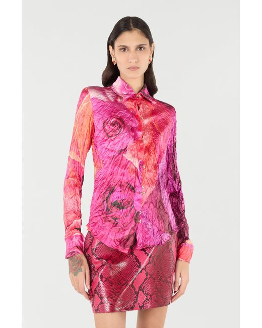 Roberto Cavalli Pink Shirt With Bejeweled Buttons And Rose Print