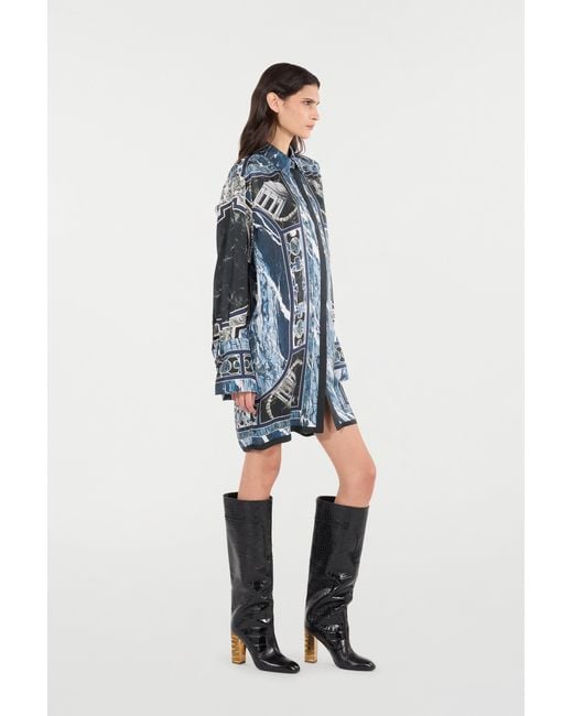 Roberto Cavalli Blue Short Silk Dress With Marble Print
