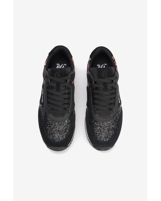 Roberto Cavalli Black Schwarze Sneaker Mit Jaguar Skin-Einsatz Und Glitzer