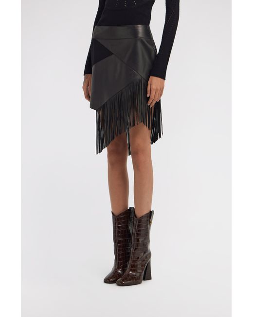 Roberto Cavalli Black Leather Skirt With Fringes