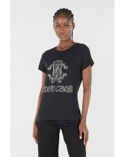Roberto Cavalli Black T-Shirt With Rc Monogram And Logo With Studs