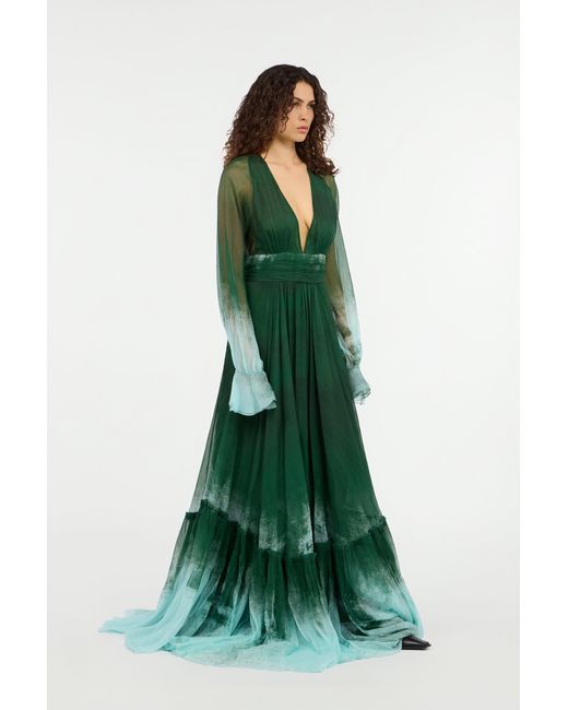 Roberto Cavalli Green Long Empire-Style Pure Silk Dress