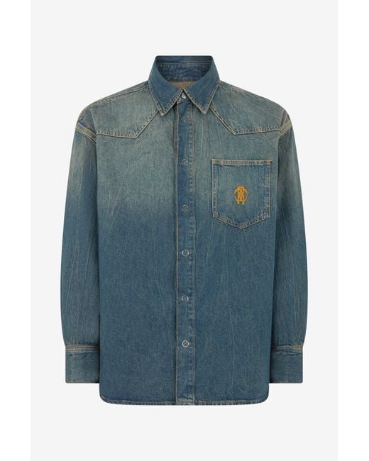 Roberto Cavalli Blue Denim Shirt With Monogram Rc for men
