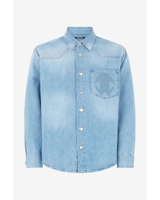 Roberto Cavalli Blue Denim Shirt With Mirror Snake Monogram for men
