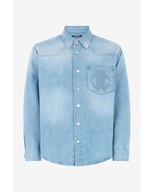 Roberto Cavalli Blue Denim Shirt With Mirror Snake Monogram for men