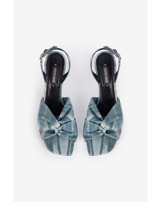 Sandales Roberto Cavalli Talon Moyen Bleu Cuir - Taille 9, Fabriqué En Italie, Neuf Avec Boîte
