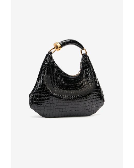 Roberto Cavalli Black Crocodile-Print Hobo Bag