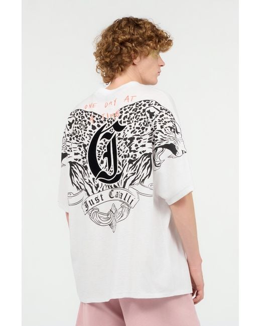 Roberto Cavalli White T-Shirt With Mirrored Jaguar And Jc Monogram for men