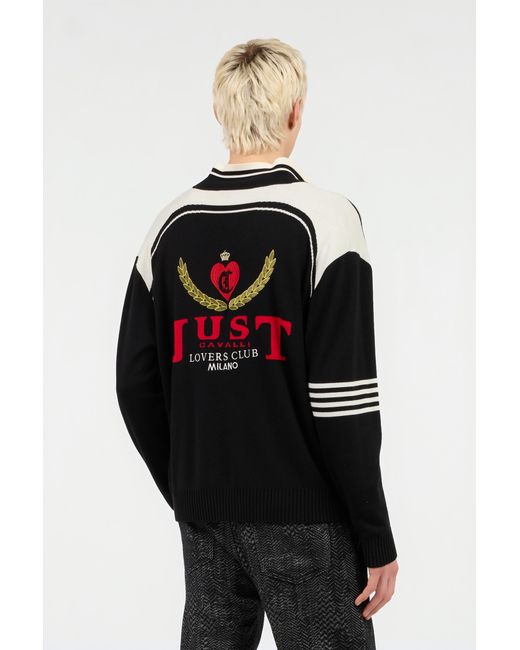 Roberto Cavalli Black Knit Cardigan With Polo Collar And Logo for men