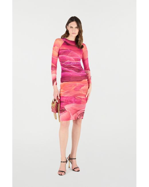 Roberto Cavalli Pink Sheath Dress With Rose Print