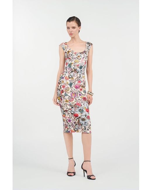 Roberto Cavalli White Sheath Dress With Florentine Flowers Print