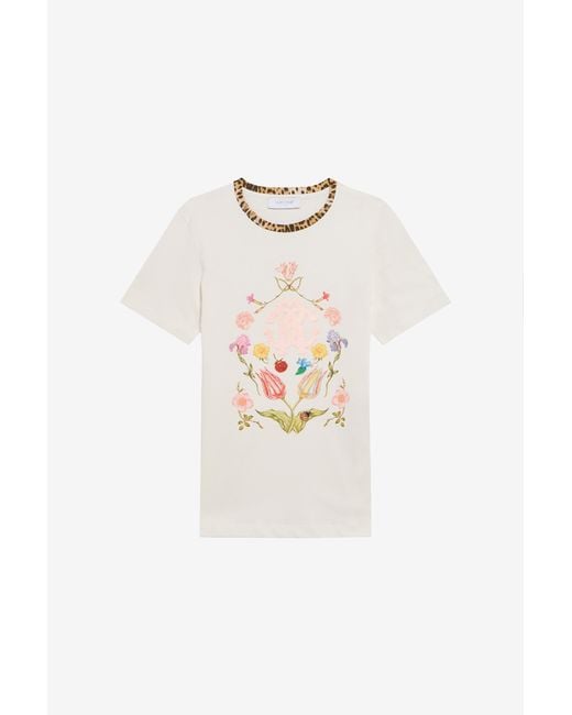 Roberto Cavalli White T-Shirt With Floral Print And Monogram Rc