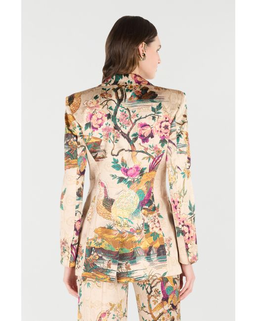 Roberto Cavalli White Silk Blazer With Oriental Bird Print
