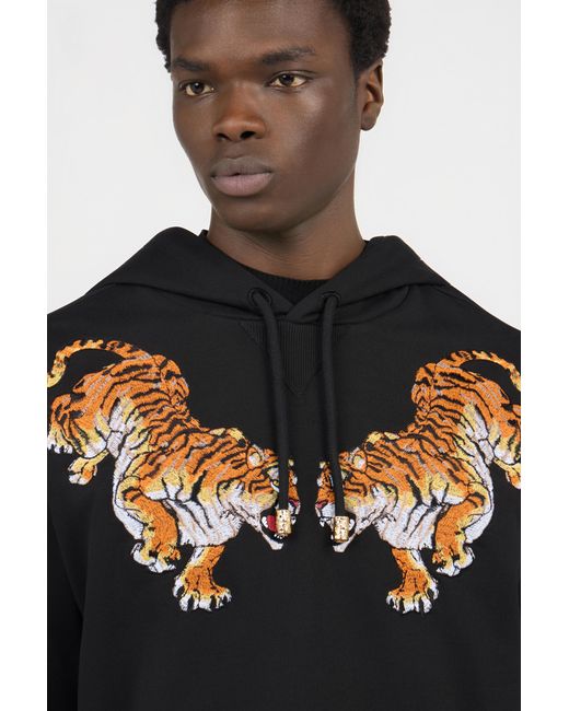 Roberto Cavalli Black Hooded Sweatshirt With Tiger Embroidery for men