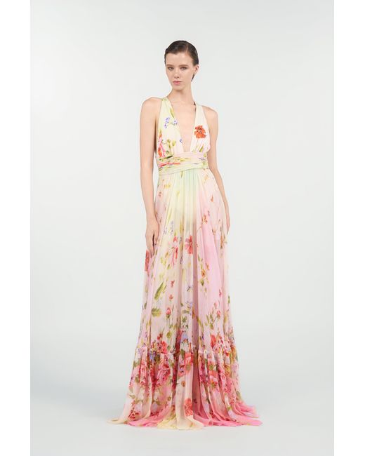 Roberto Cavalli White Long Chiffon Dress With Miami Flowers Print