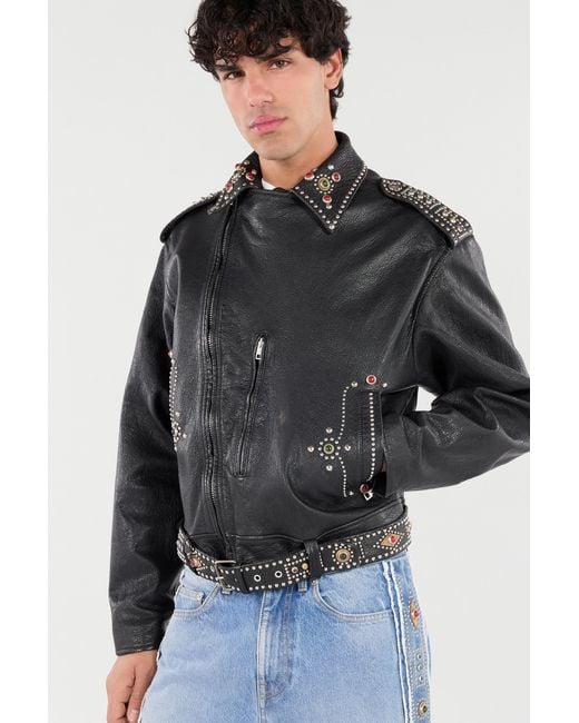 Roberto Cavalli Black Leather Biker Jacket With Studs And Stones for men