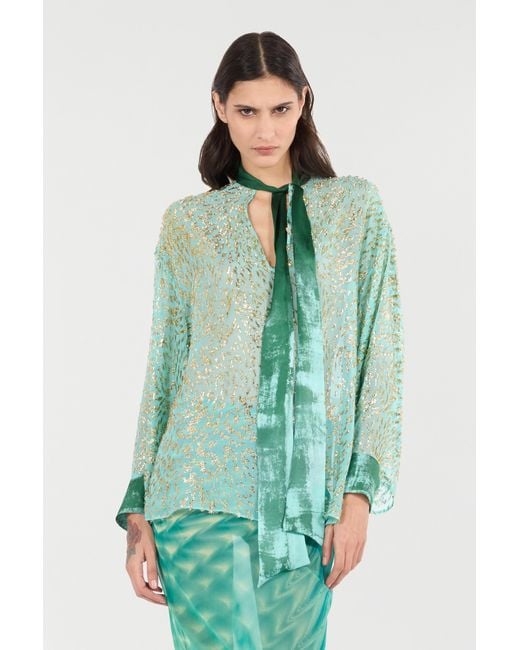 Roberto Cavalli Green Silk-Blend Blouse With Radiant Pattern