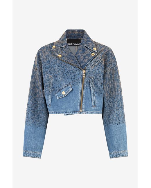 Roberto Cavalli Blue Cropped Denim Jacket With Rhinestones