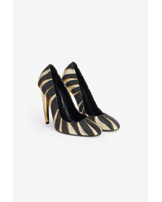 Roberto Cavalli Black Print Satin Pumps With Rhinestones