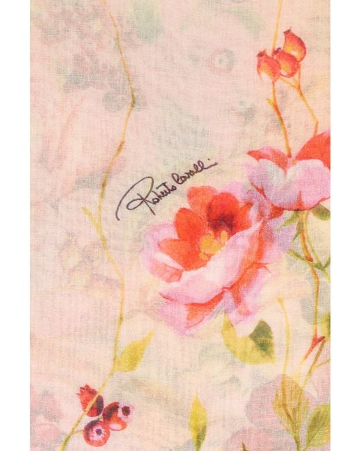 Roberto Cavalli Pink Miami Flowers Print Modal And Cashmere Scarf