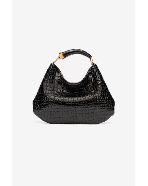 Roberto Cavalli Black Crocodile-Print Hobo Bag
