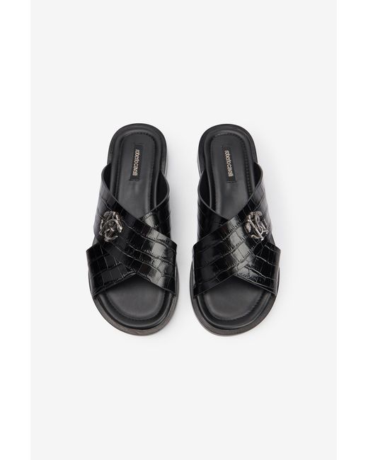 Roberto Cavalli Black Crocodile-Effect Leather Sandals for men