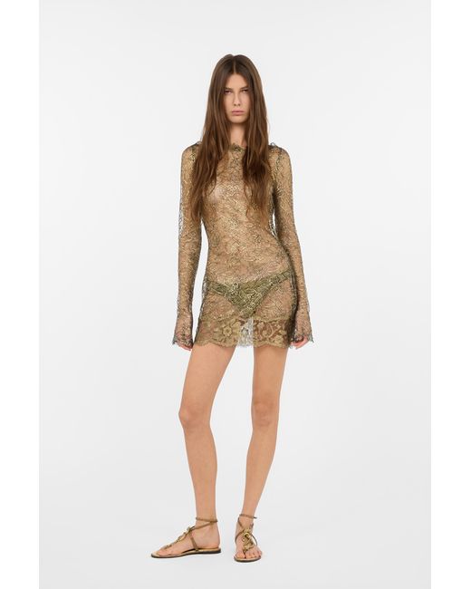 Roberto Cavalli Natural Robe Courte En Dentelle Brodée À Effet De Transparence