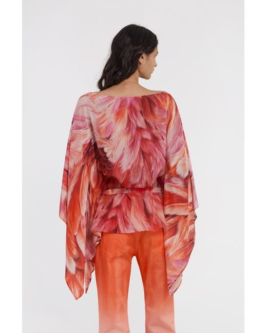 Roberto Cavalli Red Plumage Print Short Kaftan