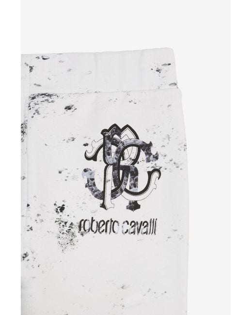 Roberto Cavalli White Splatter Print Trousers With Monogram Rc for men