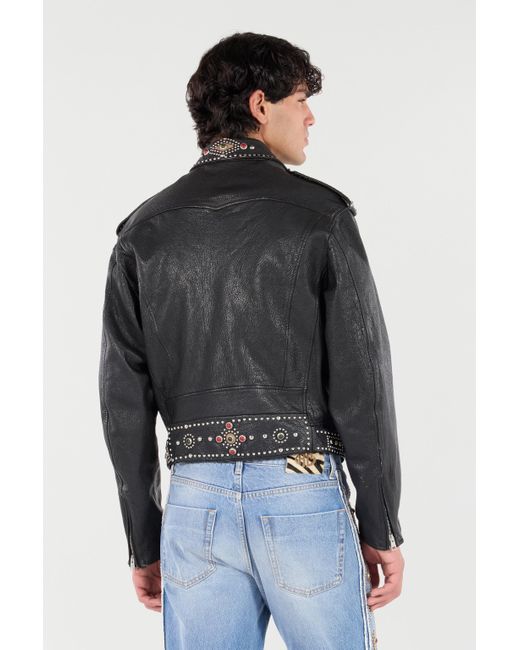 Roberto Cavalli Black Leather Biker Jacket With Studs And Stones for men