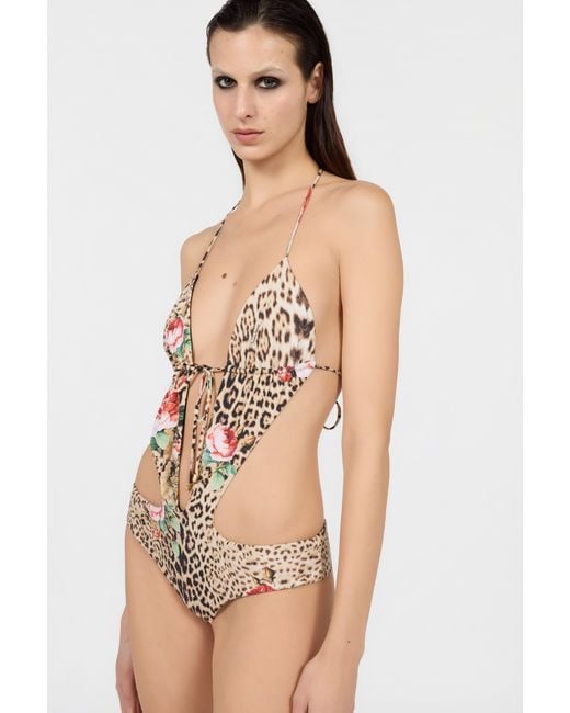 Roberto Cavalli White Jaguar Roses Print One-Piece Swimsuit