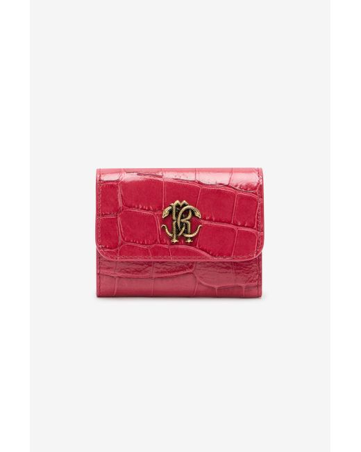 Roberto Cavalli Red Crocodile-Effect Square Card Holder