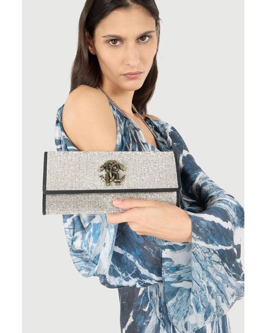 Roberto Cavalli Gray Clutch Mit Kristallen Und Monogramm Mirror Snake