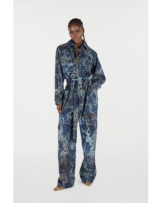 Roberto Cavalli Blue Jumpsuit With Leopard Print
