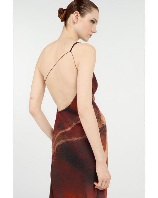 Roberto Cavalli Red Long Silk Dress With Marble Print
