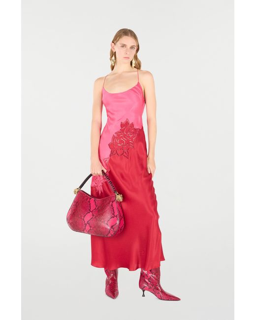 Roberto Cavalli Red Long Dress With Perforated Rose Pattern
