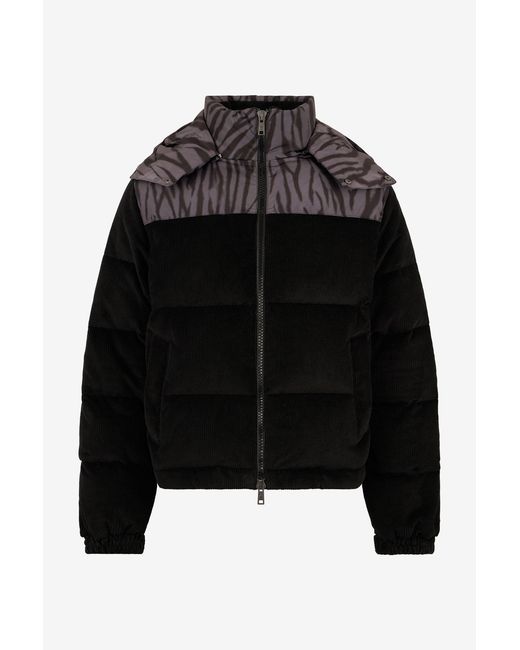 Roberto Cavalli Black Corduroy Down Jacket With Zebra Print for men
