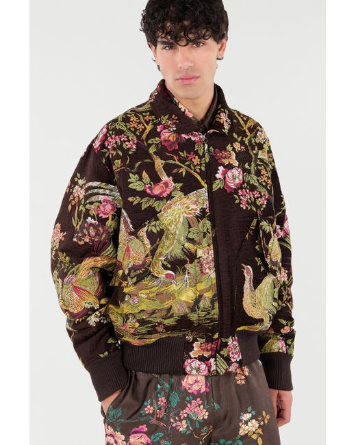 Roberto Cavalli Brown Bomber Jacket With Oriental Bird Print for men