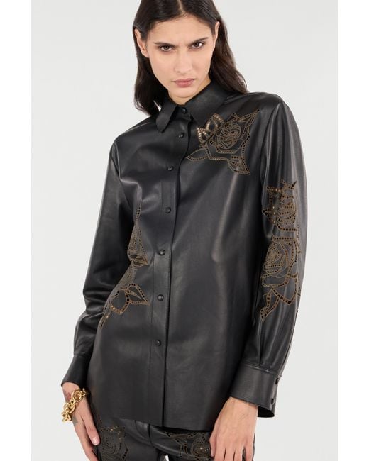 Roberto Cavalli Black Leather Shirt With Perforated Roses